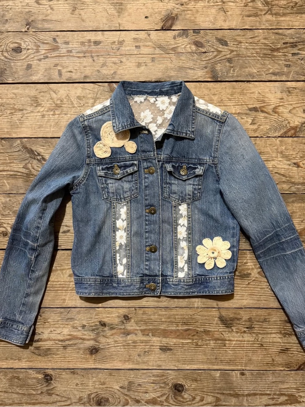 Mudd Light Blue Denim Jacket with Cream Lace Floral Appliqués
